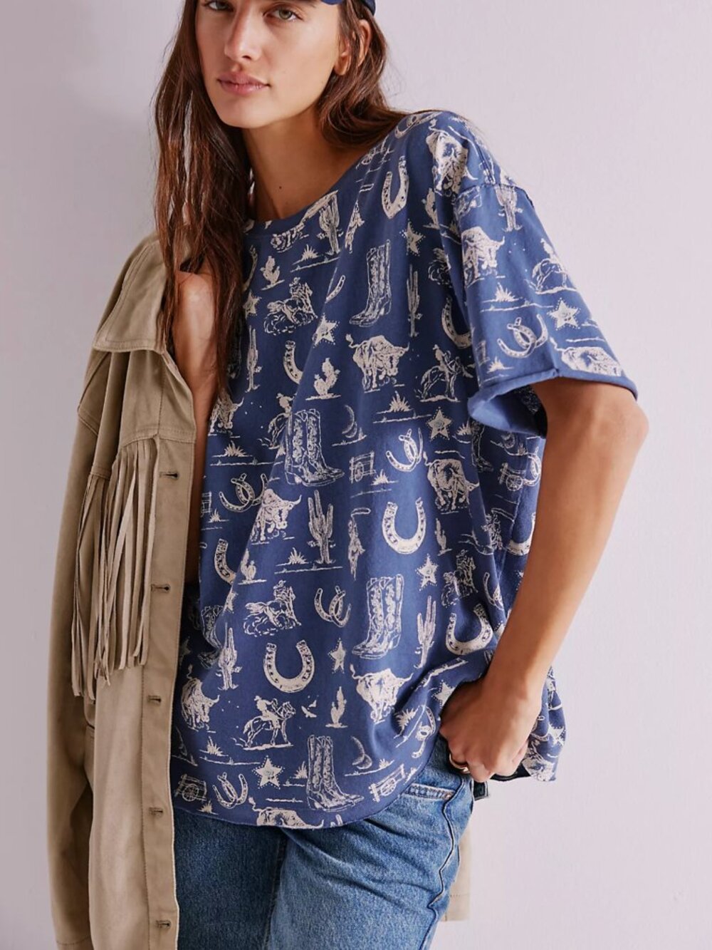 Free People We The Free Painted Floral Tee Western Cowboy Print Small NWOT